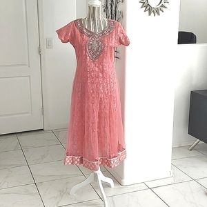 Beaded Indian Midi Dress Salmon Tulle & Silver Metallic S / 4 Midi Dress
